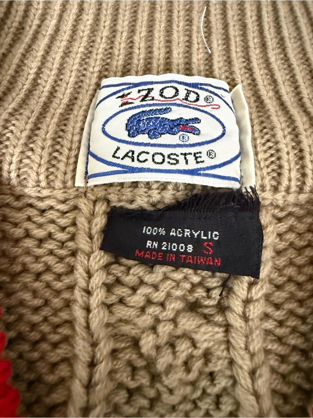 Vintage Lacoste Beige Cable Knit V-Neck Tennis Sweater - Picture 3 of 4